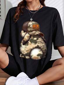 1 Piece Of White Cotton T-Shirt With Rabbit Print, Camouflage Hat, And Egg Hunter, Women's Casual Wear, Spring And Summer Sets, 180g, 100% Cotton. - 黑色 - 查看 12