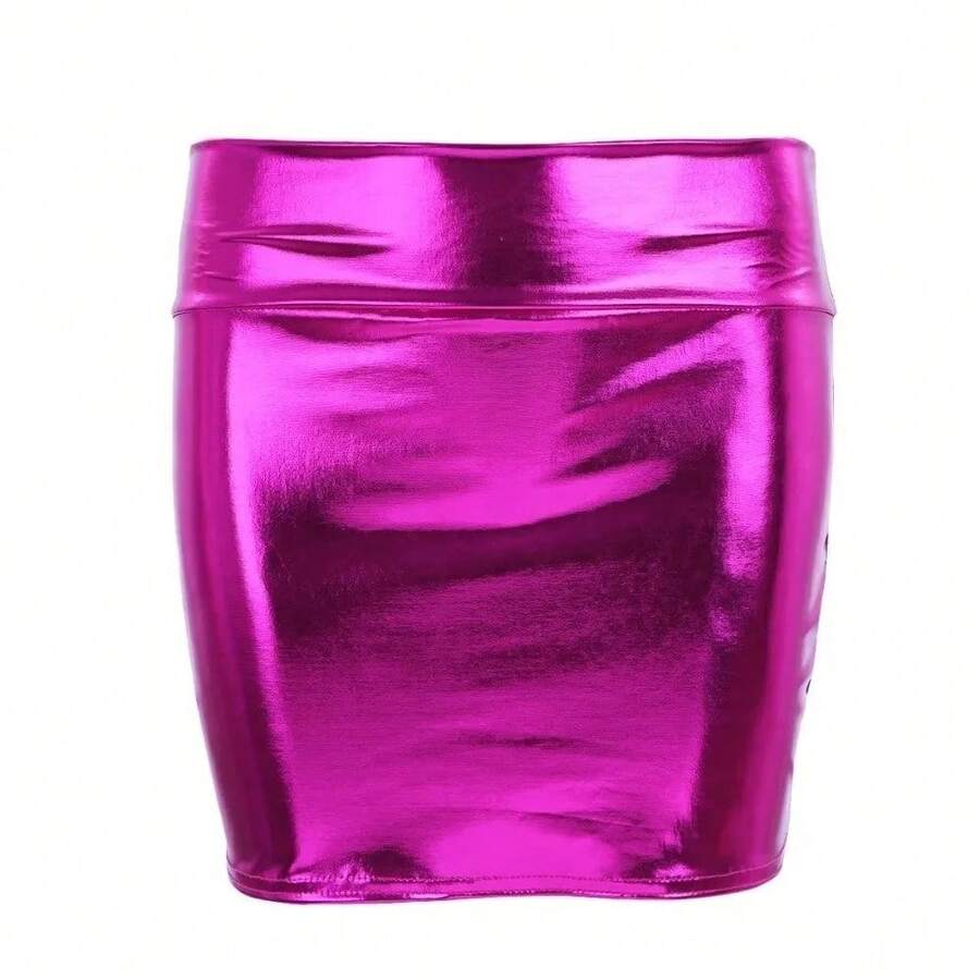 NUEVA Minifalda Metálica Ajustada de Cuero Sintético Elástica para Fiesta, Falda Lápiz Ajustada de Alto Brillo para Moldear el Cuerpo, Ideal para Fiestas - Morado - Ver 1