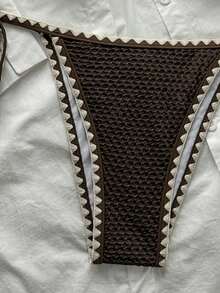 Conjunto de bikini de 2 piezas para mujer de verano con tela jacquard de unicolor, volantes en el borde y tirantes ajustables - Café integral - Ver 5