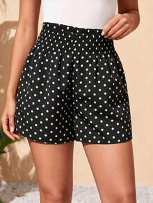 Pantalones cortos informales para mujer, pantalones cortos negros con cintura elástica y cintura alta con lunares, pantalones cortos holgados y elegantes, pantalones cortos para vacaciones de primavera y verano - Negro - Ver 2