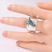 Fashionable Wide Band Synthetic Turquoise Ring, Suitable For Women, Vintage Minimalist Design, Bohemian Multi-Functional Ring - Silver - View 3