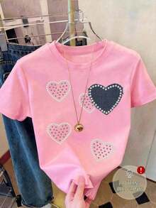 Plus Size Women's Short-Sleeved T-Shirt With A Round Neck And Heart Print, Suitable For Spring And Summer, A Good Choice For Everyday Wear, With Comfortable And Breathable Fabric. Casual Black Color - Rose - View 4