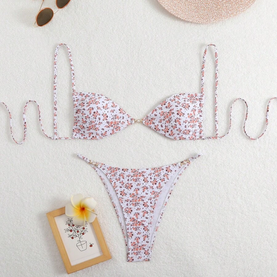 Nuevo traje de baño sexy con estampado de leopardo y tirantes para mujer, ropa de baño de alta gama para playa y spa. - Fondo blanco con flores rojas - Ver 1