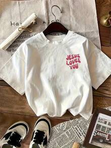 Camiseta de Talla Grande con Estampado de Letras, Manga Corta y Cuello Redondo, Ropa Casual de Verano y Primavera, Ropa Oversize para Mujer - Blanco - Ver 2