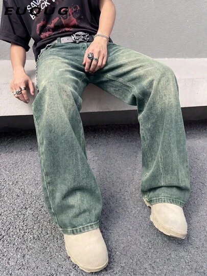 Quần jeans nam dáng rộng, ống đứng, phong cách đường phố thường ngày, phù hợp mọi mùa.