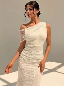 Vestido elegante y romántico para citas, fiestas, bodas y eventos, vestido de sirena con hombro asimétrico de encaje blanco, adecuado para té de la tarde, fiestas al aire libre, vestido formal, graduación, fiesta, baile de graduación, vestido de cumpleaños - Blanco - Ver 5