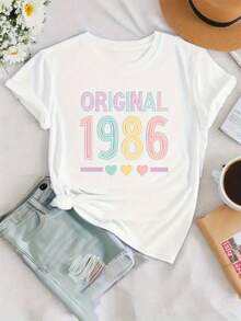 1pc Women's Vintage T-Shirt "1986 Original" Rainbow Print - Pastel Aesthetic Casual Top, Spring/Summer Machine Washable, Limited Offer - Birthday Gift For Her, Nostalgic Fashion, High Quality Fabric - 白色 - 查看 4