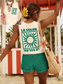 Blusa de ajuste regular casual con estampado, sin mangas para mujer - Albaricoque 6 - Ver 4