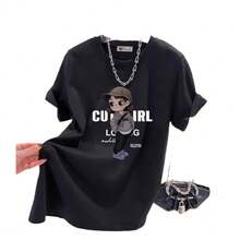 Women's Casual Printed T-Shirt, Short Sleeves, Round Neck, Spring/Summer Local Urban Fashion. MYM6 - 黑色 - 查看 6