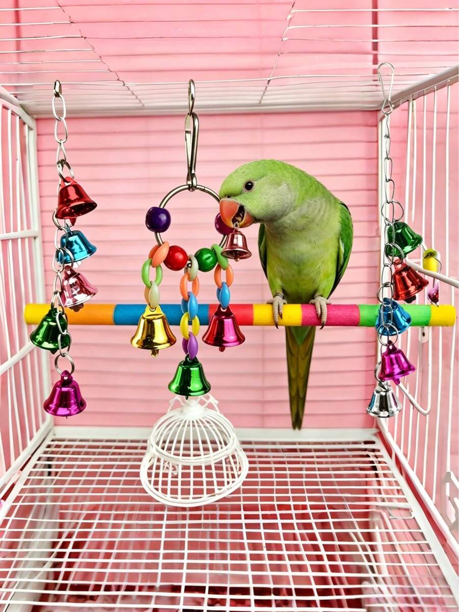 2件裝彩色鈴鐺吊飾鳥類玩具 - 附鈴鐺的籠掛裝飾、鸚鵡咬咬玩具、鳥籠鞦韆配件、耐咬鳥類用品，適用於虎皮鸚鵡、玄鳳鸚鵡、情侶鸚鵡
