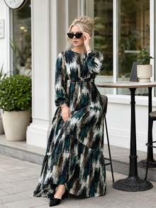 Plus Size Navy Blue Abstract Print Tie-Waist Maxi Dress With Long Sleeve - Green - View 12