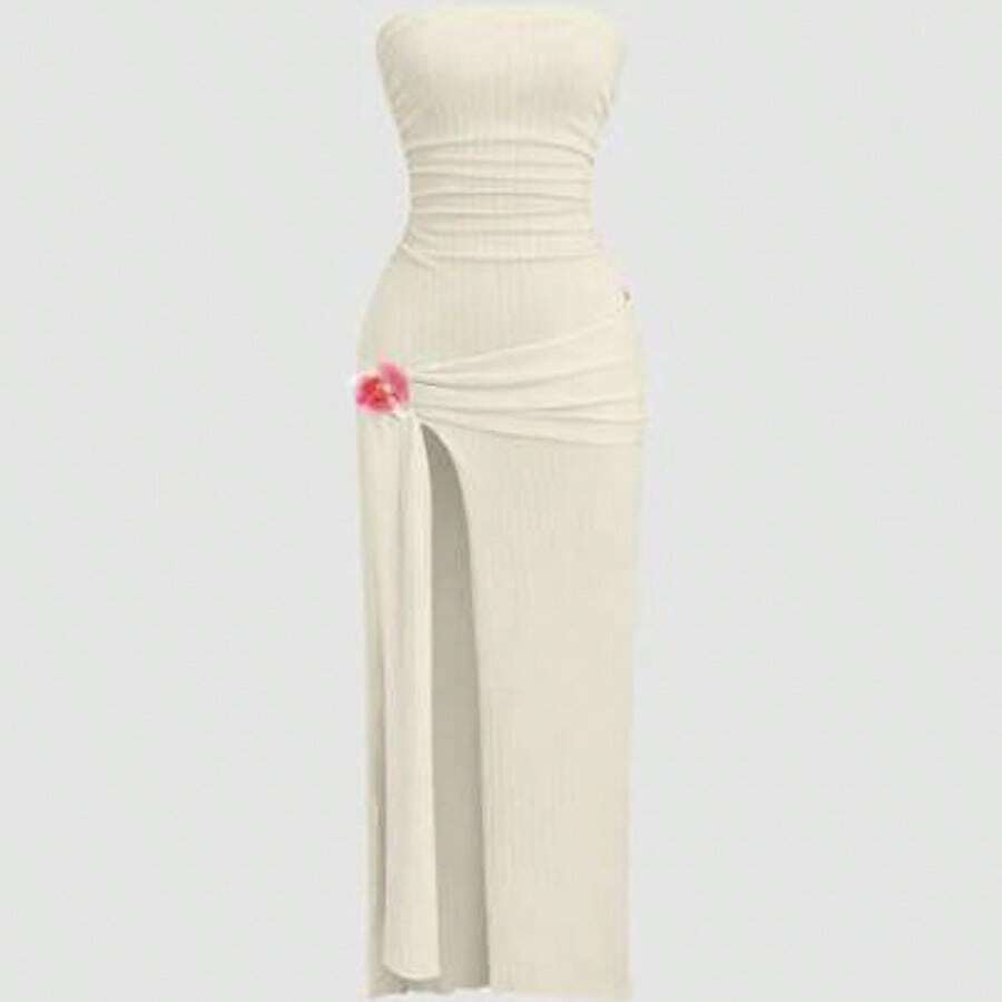 Sweetro Ruched High Slit Bandeau Bodycon Dress, Elegant - Albaricoque - Ver 1