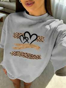 Camiseta de mujer de verano con cuello redondo, manga corta, estampado vintage de leopardo con diseño de corazón, para uso diario - Gris Claro - Ver 2