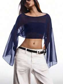 Blusa corta suelta de mangas de murciélago y cuello redondo de unicolor para mujer, de manga tres cuartos, para primavera/verano - Azul marino - Ver 8