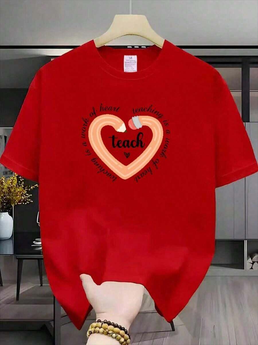 Camiseta popular de corte ajustado para capas, ropa de otoño para capas, camiseta urbana con estampado de letras - Unisex, holgada - Camiseta de algodón cómoda de estilo vintage urbano - Adecuada para primavera, verano y otoño - Rojo - Ver 1