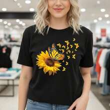 Women's Cotton T-Shirt With Sunflower And Butterfly Print, Round Neck, Short Sleeve, Casual Style, Loose Fit, Basic T-Shirt,  Summer Graphic T-Shirt, Soft And Comfortable Casual Wear, Nature-Inspired Design, Suitable For Spring, Summer And Autumn. - 黑色 - 查看 7