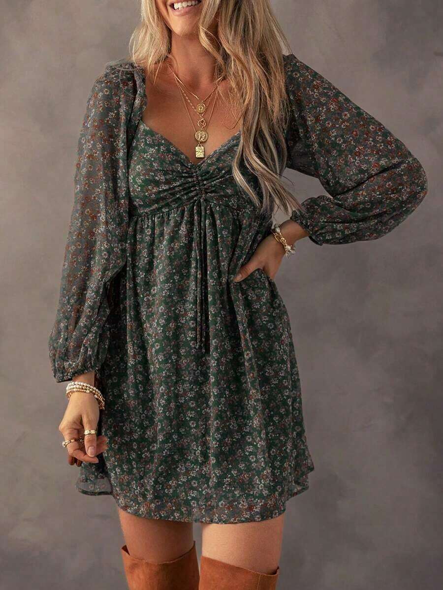 Acelitt Vestido de manga farol con frente fruncido y parches con estampado floral diminuto, elegante para vacaciones de primavera - Verde Oscuro - Ver 1