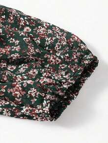 Acelitt Vestido de manga farol con frente fruncido y parches con estampado floral diminuto, elegante para vacaciones de primavera - Verde Oscuro - Ver 10