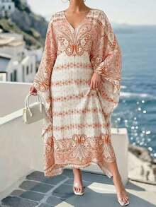 Vestido holgado de cuello en V para cubrir con estilo bohemio para vacaciones de playa en verano 2026, ropa bohemia para mujeres de talla grande, vestidos de talla grande para mujeres, ropa hippie de talla grande, vestido bohemio de talla grande, vestido kimono bohemio, vestido bohemio para vacaciones, vestido bohemio largo, vestido bohemio oversize, vestidos para mujer de manga larga y largo, vestido Zanzea para mujer, vestido para mujer, túnica, vestido de playa, ropa de resort para mujer, vestidos de playa para mujer, vestido largo estampado, vestido túnica para mujer - Caqui - Ver 6