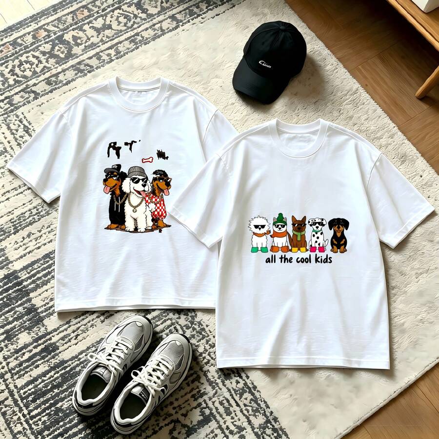 2-Piece Couple Matching Pattern T-Shirt, 100% Cotton, Loose Fit, Soft And Breathable, Casual Round Neck Short Sleeved Top Tequila Bottle With Palm Leaves Aperol Spritz Cocktail Glasses Versatile Patterns No Picky Combinations Coordinated Dating Casual Travel Simple And Cartoonish Printing Styles - 白色 - 查看 1