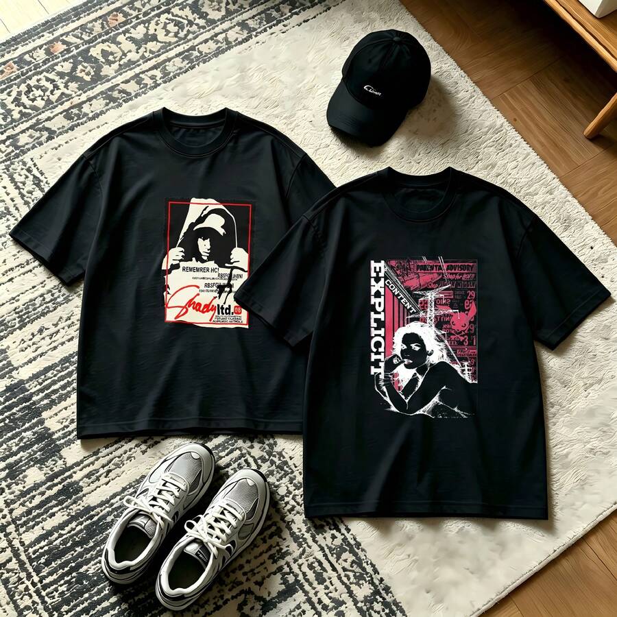 2-Piece Couple Matching Pattern T-Shirt, 100% Cotton, Loose Fit, Soft And Breathable, Casual Round Neck Short Sleeved Top Las Vegas Cocktail Scene Aperol Spritz Drink Design Versatile Patterns No Picky Combinations Coordinated Dating Casual Travel Simple And Cartoonish Printing Styles High - 黑色 - 查看 1