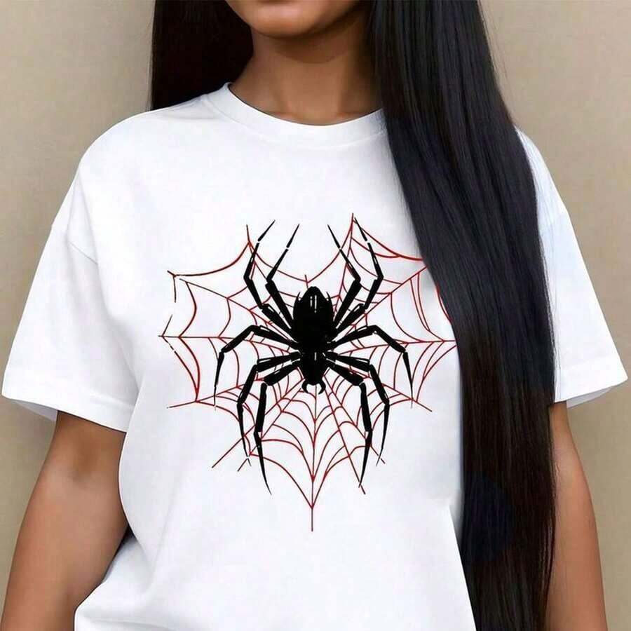 C-AmiS-eta informal con estampado de telaraña para mujer, de aL-Godón, manga corta, cuello redondo, largo regular, estilo Halloween o gótico_220 g T-Shirt Unisex de Moda – Corte Moderno y Material Fresco blusas elegantes dama mujer premium disfraz halloween navidad blusas para dama casuales - Blanco - Ver 1