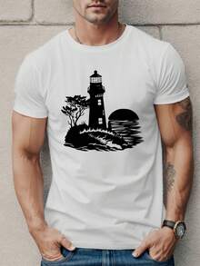Lighthouse Men's Short Sleeve T-Shirt, Summer Top. Comfortable Men's T-Shirt / A Very Distinctive Printed T-Shirt / Unisex Style / Suitable For Both Men And Women / Wrinkle-Resistant / Breathable. - 黑色 - 查看 10