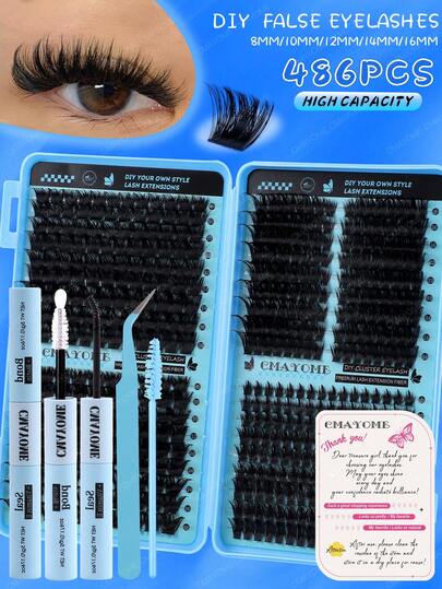 486/558 Cluster D-Roll Fluffy And Comfortable False Eyelash Set, Including Sunflower, Oblique Flying Single Cluster False Eyelashes, Suitable For Beginners Eyelash Tutorial, Thick And Dense DIY Segmented False Eyelashes, Including Glue, Sealer, Tweezers, Eyelash Brush, Magnifying Eye Makeup, Lightweight And Reusable