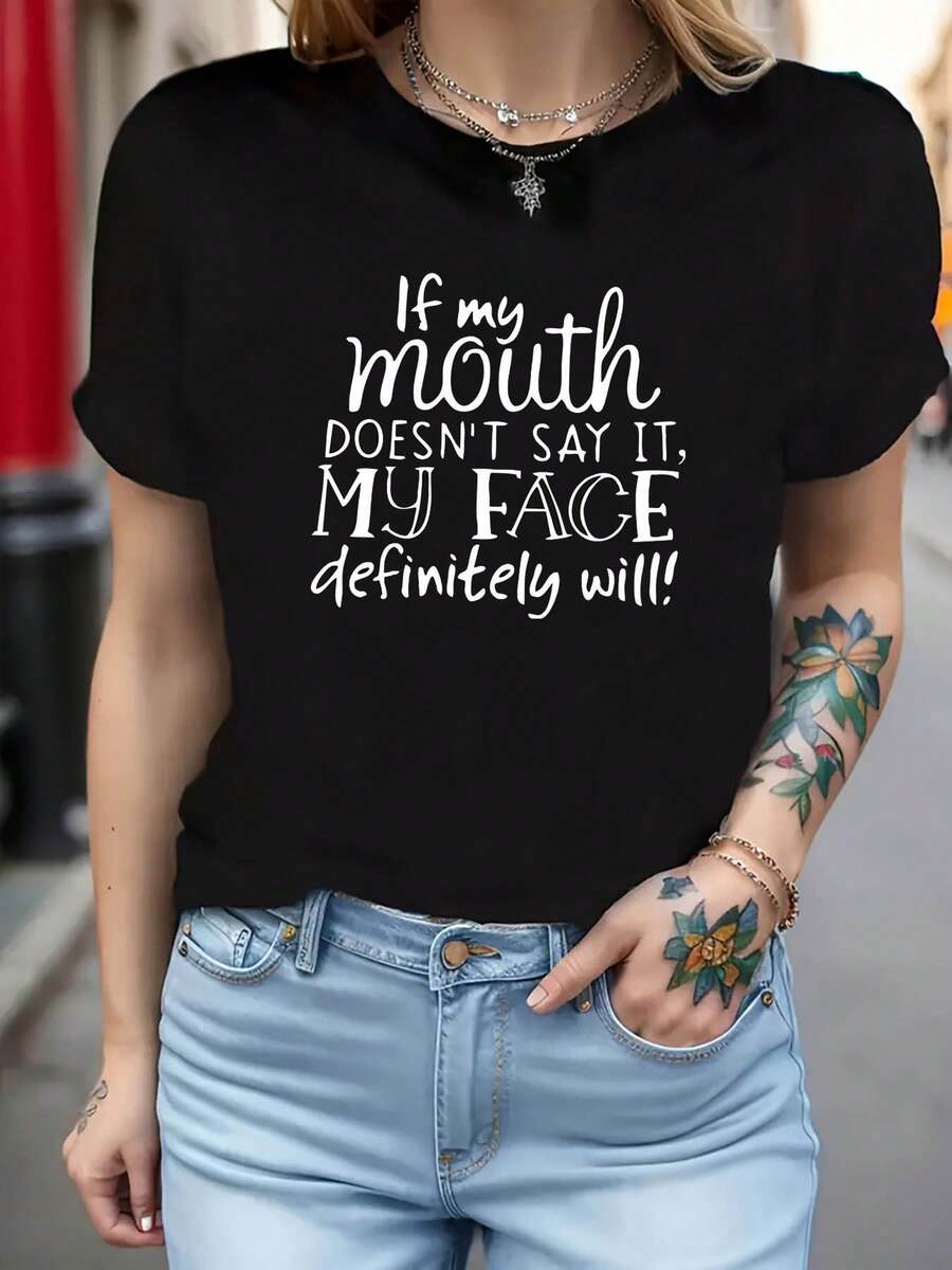 Talla grande, camiseta de mujer de talla grande con frase drtida y pícara "Si mi boca no lo e, mi cara definitivamente lo hará" - Blusa casual de manga corta y cuello redondo - Tejido con elasticidad media - Top con mense para atuendos de primavera verano y vestimenta casual