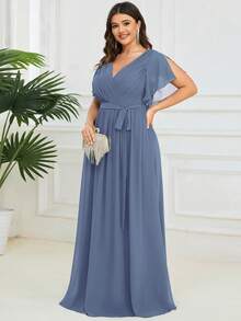 EVERPRETTY 大尺碼夏季優雅V領荷葉袖灰藍色伴娘正式禮服，適合婚禮賓客、新娘母親、度假、派對 - 霧霾藍 - 查看 5