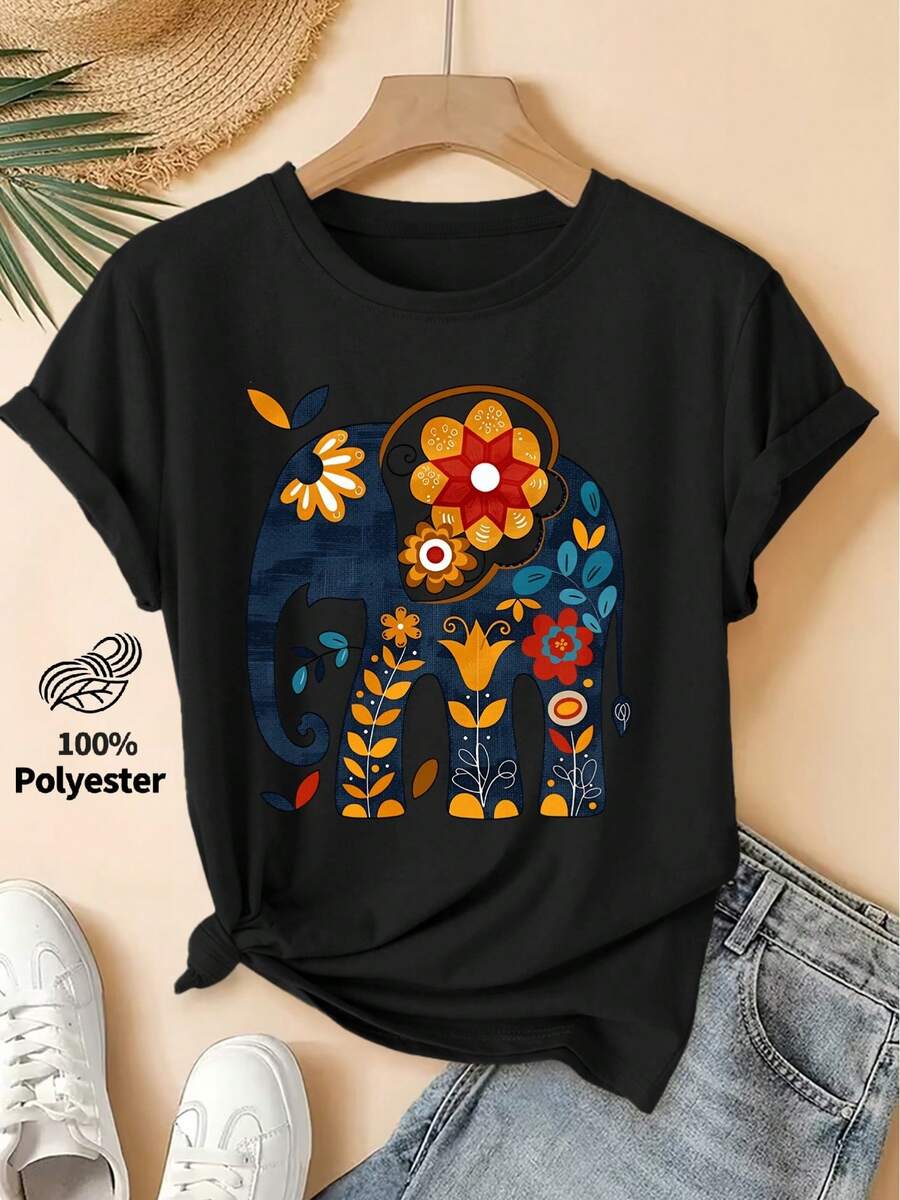 Spring/Summer 2026, New Women's Short Sleeve T-Shirt With Round Neck And Elephant And Flower Print, Vintage Distressed Style, High-Quality Casual Wear, 100% Pure Cotton. | Fun And Original Design | Suitable For Everyday Wear In Spring, Summer, And Autumn. | Fun And Rejuvenating Top - 黑色 - 查看 1