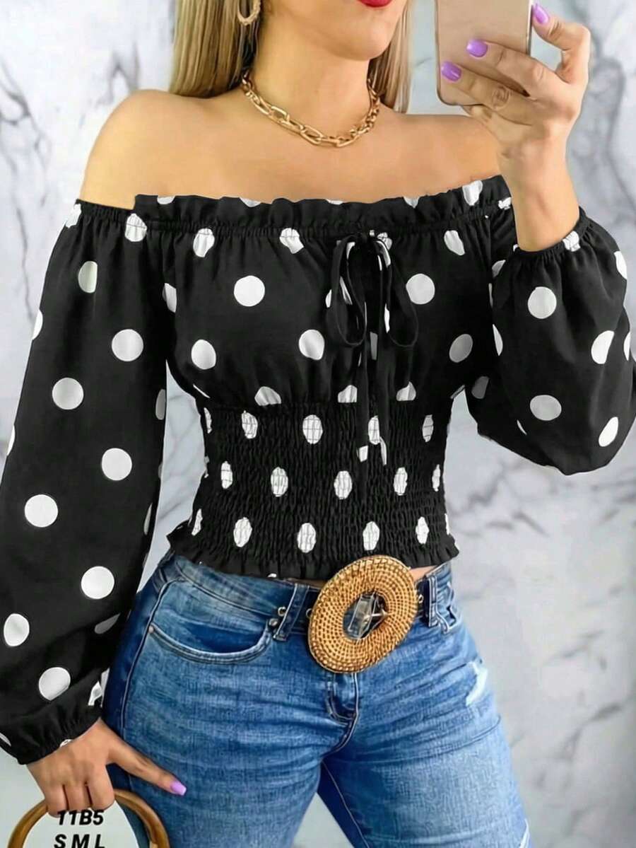 Women's Fashion Polka Dot Petal Sleeve Off Shoulder Chiffon Blouse Vacation - Black and White - View 1