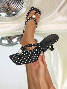 Women's Comfortable Peep Toe Kitten Heel Flip Flops, Pearl Decor Black Polka Dot High Heel Sandals, Women's Peep Toe High Heel Shoes, Summer Women's Sandals, Elegant Women's High Heels, Formal High Heels, Breathable Open Toe High Heel Sandals Versatile Minimalist Summer New Bow Tie Stiletto Slide Sandals - Black - View 2