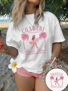 Camiseta de manga corta con cuello redondo para mujer, 100% fibra de poliéster, lavable a máquina, fácil de cuidar, diseño casual con estampado de playa que muestra palmeras y una chica surfista, top de nuevo estilo para el verano 2026, adecuada para viajes y uso diario, casual, versátil, cómoda camiseta de algodón. - Blanco - Ver 1