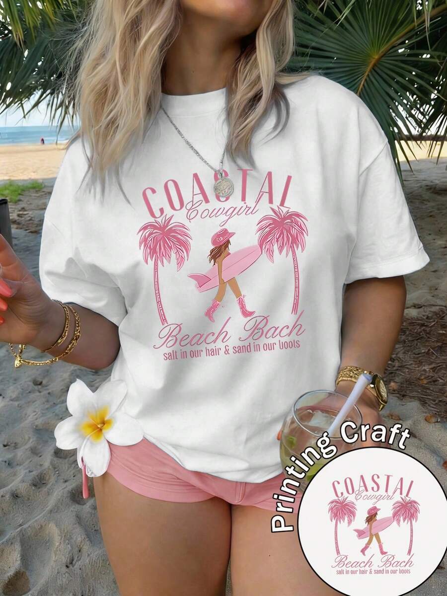 Camiseta de manga corta con cuello redondo para mujer, 100% fibra de poliéster, lavable a máquina, fácil de cuidar, diseño casual con estampado de playa que muestra palmeras y una chica surfista, top de nuevo estilo para el verano 2026, adecuada para viajes y uso diario, casual, versátil, cómoda camiseta de algodón. - Blanco - Ver 1
