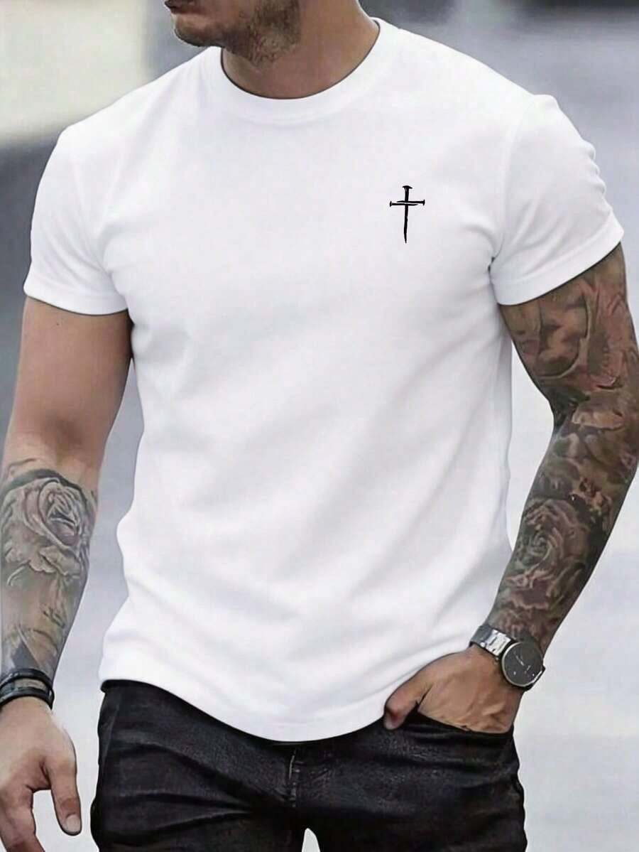 Summer Crew Neck T-Shirts For Men, Gym, Leisure, Holiday, High Quality Men's Shirts, Cross Pattern Y2K Men's Clothing, Festival Sweatshirt, Men's Sets, Gifts For Men, Mexico Local ORM6 - 白色 - 查看 1