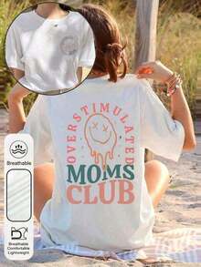 Valentine's Day Outfits For Women, Summer Tops For Women, "Mom Club" Graphic Design, Round Neck, Short Sleeves, Simple And Casual Style For Everyday Wear, Black, Plus Sizes, Women's Tops, "Mom's Birthday" Graphic Design, Fun Summer Clothes For Women, Face And Letter Patterns, Loose And Comfortable Summer Tops, Benito Bowl Tops. - 黑色 - 查看 7