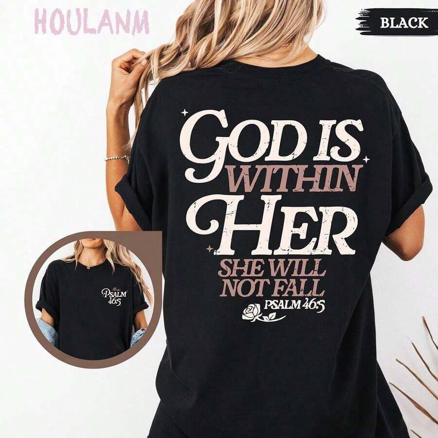 Camiseta Cristiana de Manga Corta para Mujer, Estilo Retro, para Vacaciones de Verano, con la Frase "Dios Está Dentro de Ella" | Camisetas para Mujer, Cuello Redondo Casual, Ropa de Verano para Mujer, Atuendo de Primavera, Camiseta con Estética de Fe - Negro - Ver 1