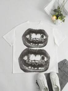 Camiseta suave 100% algodón, camiseta casual para mujer con estampado de labios punk, cuello redondo, manga corta, estilo gótico, ropa de calle, camiseta de verano transpirable de algodón, combina con todo, genial. - Blanco - Ver 3