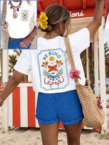 Camiseta de mujer, estilo casual urbano, estampada, de manga corta, blusa linda de verano para ropa de vacaciones de mujer, ropa de verano para mujer, atuendo de primavera para mujer, blusa para mujer - Camiseta vintage de estilo urbano unisex, holgada, de algodón, de manga corta y cuello redondo, blusas para mujer. blusas.blusas casuales para dama. - Blanco - Ver 6