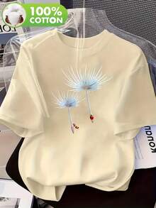Edición Limitada,% Pura, Camiseta de Manga Corta con Cuello Redondo y Estampado de Diente de León para Mujer de Tallas Grandes, Cómoda para el Hogar, Ropa de Mujer de Alta Calidad, Algodón Ligero - Albaricoque - Ver 12