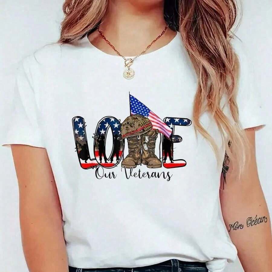 Korean Camiseta con estampado de la bandera estadounidense del ejército orgulloso del Día de los Veteranos, informal, de cuello redondo y manga corta, cómoda para primavera y verano, para mujer (2). *J*PG C-AmiS-eta de aL-Godón para hombre de 220 g iD-eal para usar debA-Jo de una sudadera. AdecuA-DA para todas las perS-onas, ya sean MUJER O HOMBRE Tejido duradero de alta C-Alidad apto para todas las oC-Asiones, suave al tacto pero duradero. Tops transpirables. Conjuntos de otoño para mujer. Conjuntos de vaC-Aciones para mujer. Disfraz de Halloween para mujer.Graphic Tee - Blanco - Ver 1