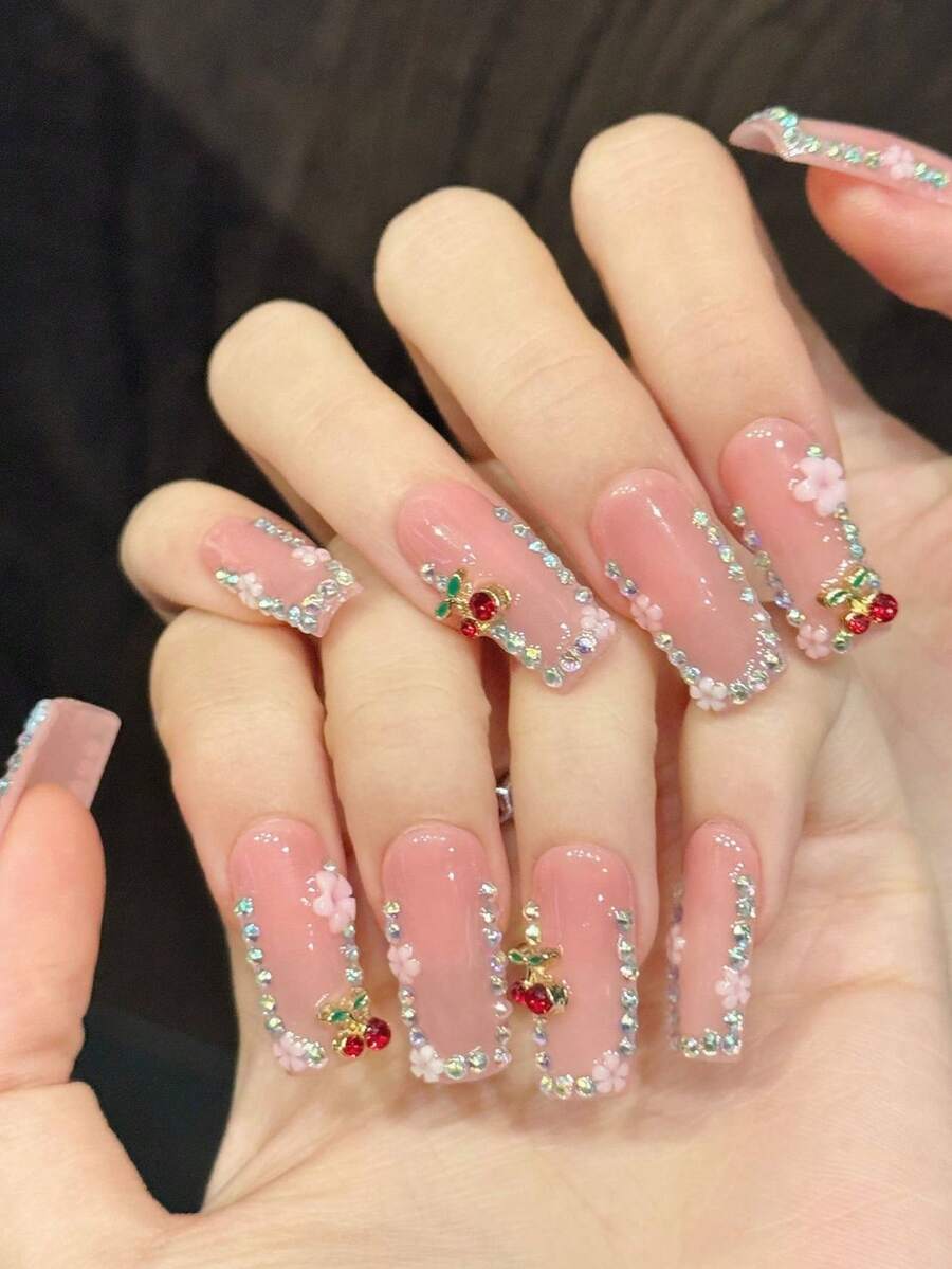 10片纯手工压制长方形美甲贴片，精美假指甲，“甜樱桃”图案，冰透明裸粉，立体樱桃闪钻甜美少女风美甲，适合女性 - 淺粉色 - 查看 1