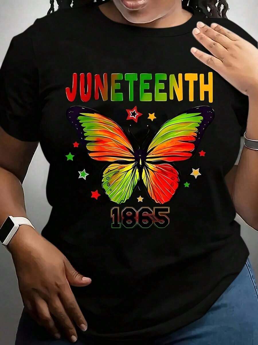Women's T-Shirt, Juneteenth T-Shirt With Black Butterfly And Rainbow Design, Juneteenth 1865 Celebration, Independence Day Party Outfit, Ladies' T-Shirts, Summer Essential, Motivational Clothing, Impact Top, Comfortable Fit, Short Sleeve Top, For Fashion Lovers - 黑色 - 查看 1