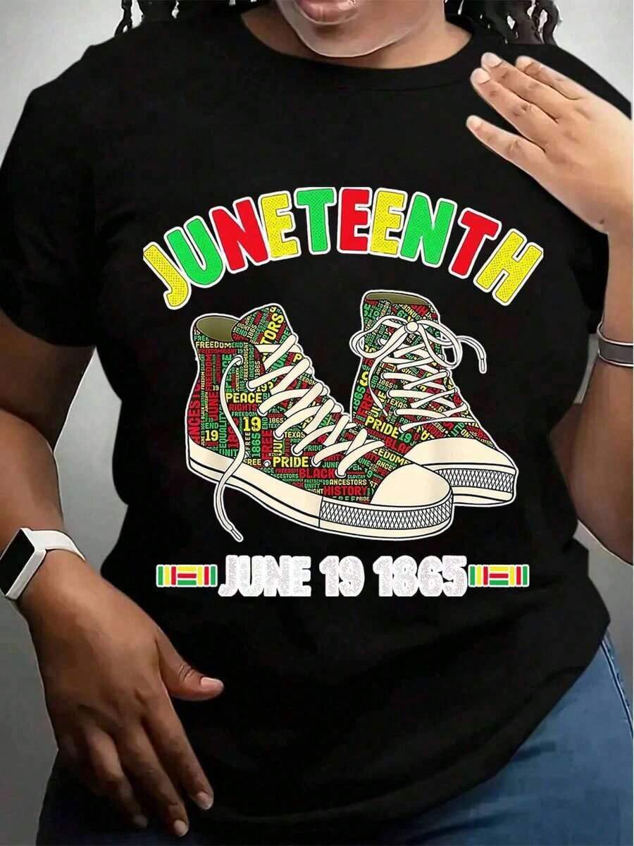 Women's T-Shirt, Juneteenth T-Shirt With Sneaker Design And Colorful Text For Celebration Events, Ladies' T-Shirts, Summer Essential, Motivational Clothing, Impact Top, Comfortable Fit, Short Sleeve Top, For Fashion Lovers - 黑色 - 查看 1