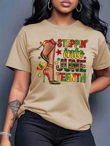 Women's T-Shirt, Casual T-Shirt With 'Stepin' Into Juneteenth' Print - Short Sleeve, Round Neck, White With Colorful Lettering And Boot Design, Machine Washable, Fashionable Spring Summer Top, Women's T-Shirt - 杏色 - 查看 5