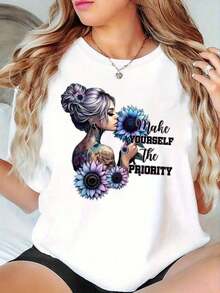 Women's Fashion T-Shirt With Minimalist And Creative English Floral Design, Short Sleeve With Y-Shape Pattern, Simple Casual Sports T-Shirt, Comfortable Summer Vacation Top. Standard Casual T-Shirt For Women, Breathable And Lightweight Short Sleeve. - 白色 - 查看 7