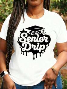 Camiseta Moderna Minimalista para Mujer con Estampado Gráfico de Gorro de Graduación Drip 06, Cuello Redondo, Manga Corta, Estilo Casual, Tela Adecuada para Celebraciones de Graduación y Uso Diario en Casa o en Eventos Casuales. - Blanco - Ver 1