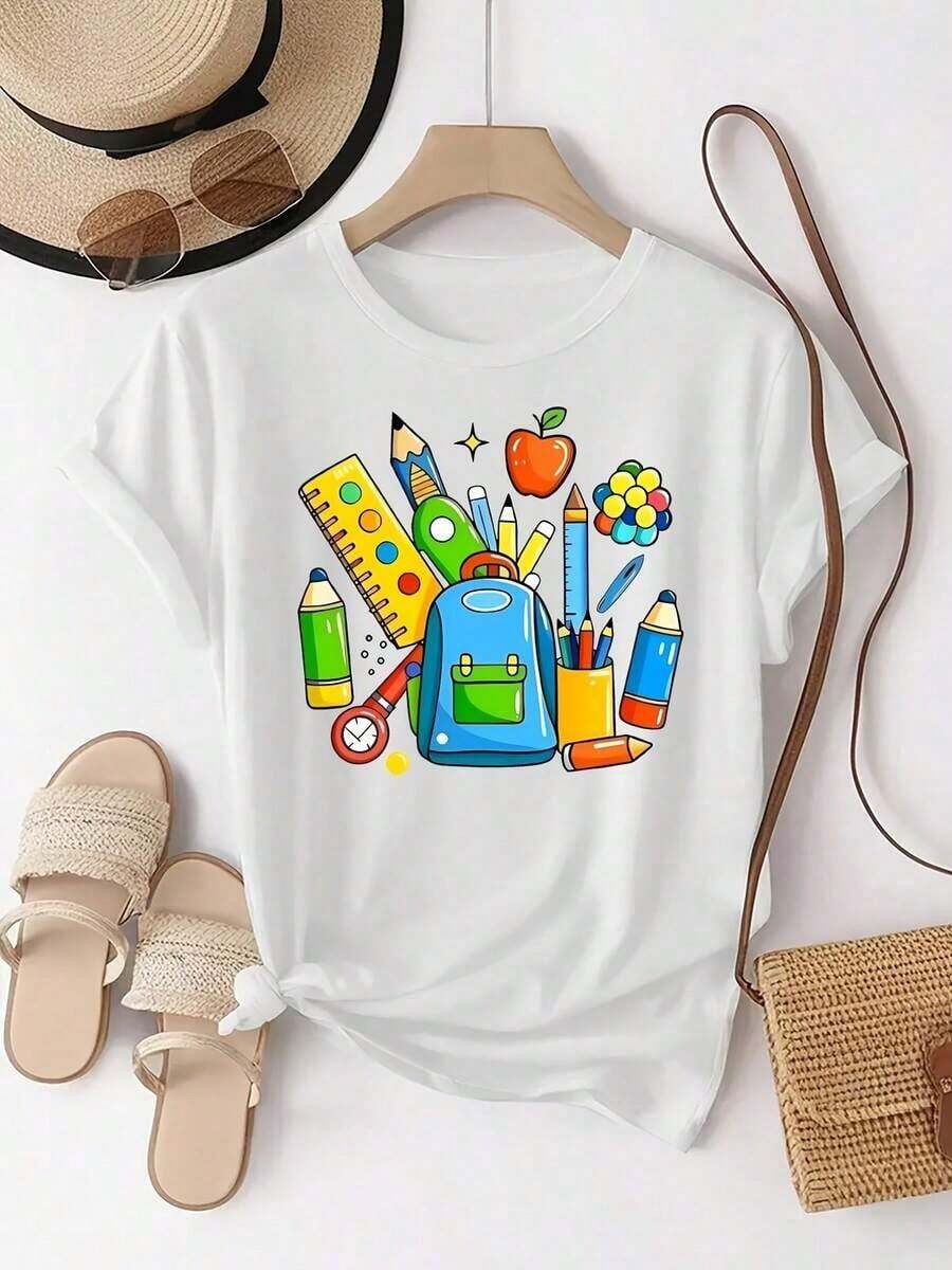 Papelería y mochilas escolares modernas y minimalistas con diseños de dibujos animados, llenas de diseños divertidos. Camiseta Deportiva Casual de Moda con Estampado y Cuello Redondo para Mujer, Top Casual para el Día a Día - Blanco - Ver 1