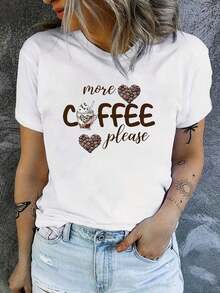 Camiseta Gráfica "Más Café Por Favor" con Diseño de Taza de Café y Corazones de Granos para Amantes del Café, Ropa Casual, Blusas para Mujer - Blanco - Ver 3